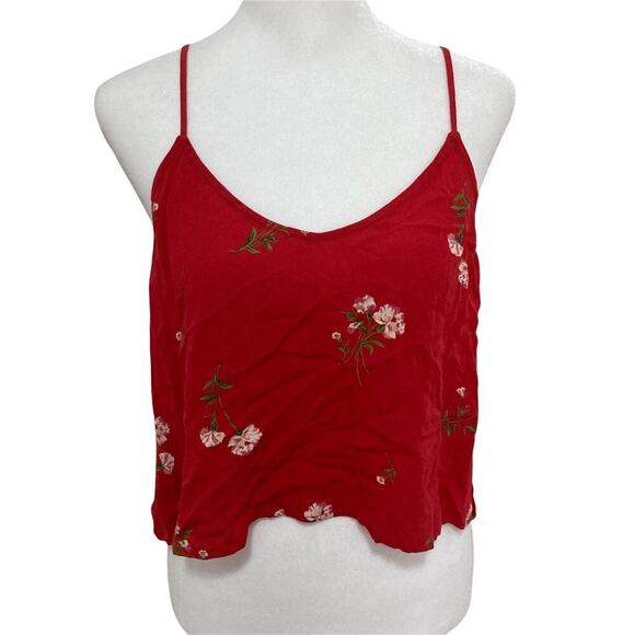 new Cherry Red Crop Top size M w/ Dainty Flowers Dipped Neckline - Picture 1 of 7